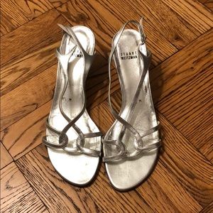 Silver Stuart Weitzman strappy kitten heels